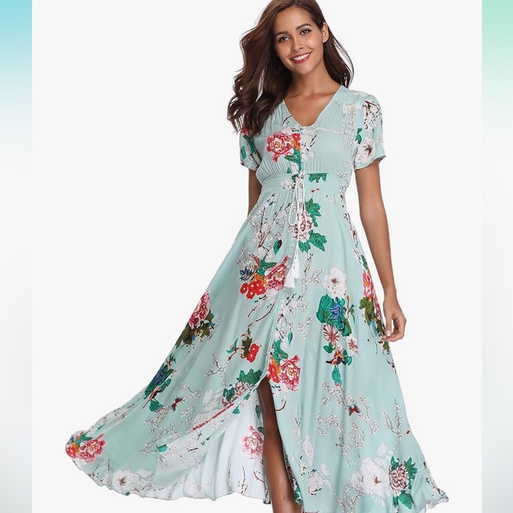 Women's Floral Maxi Button Up Split Flowy Bohemian Party Beach Dress